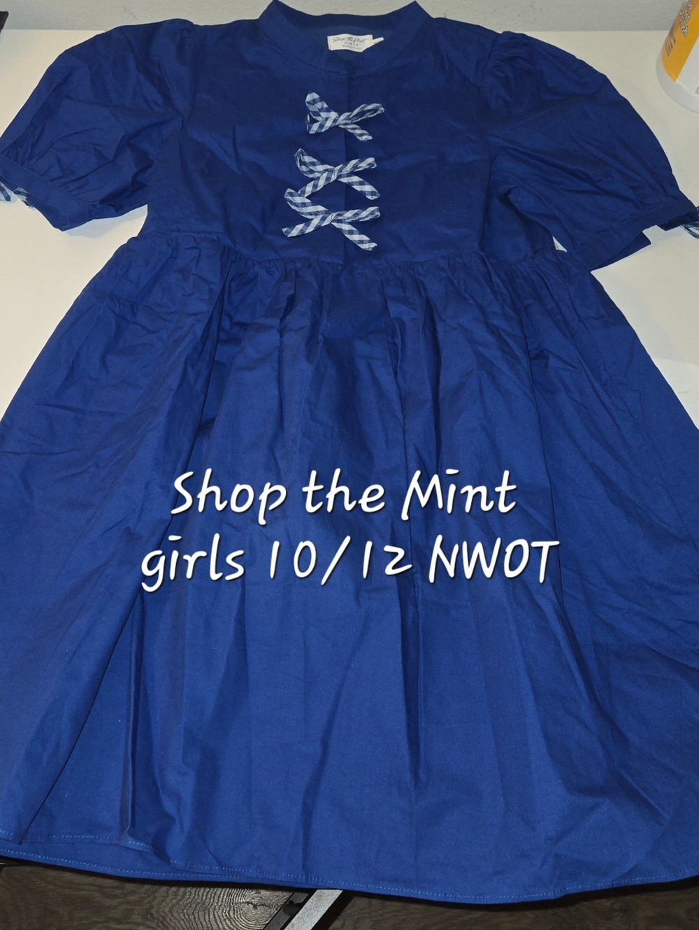 Girls Blue Dress with Gingham Tie Detail